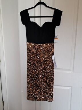 Dress The Population Off The Shoulder Black & Gold Sequin Midi Dress